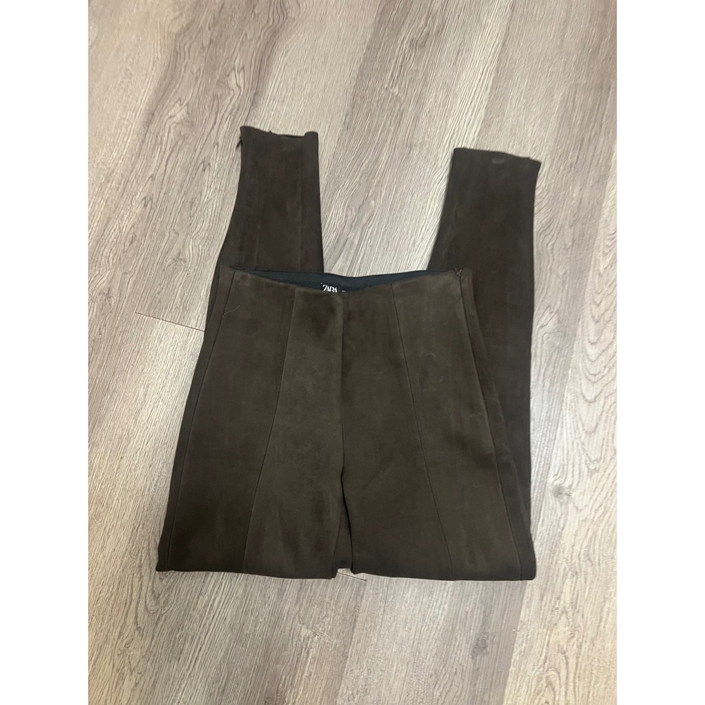 Zara Faux Suede High Waisted Leggings Dark Brown Ankle Zip Small
